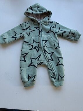Kids Tales Mint Star Printed Hooded Fleece Romper Size 6-12 Months